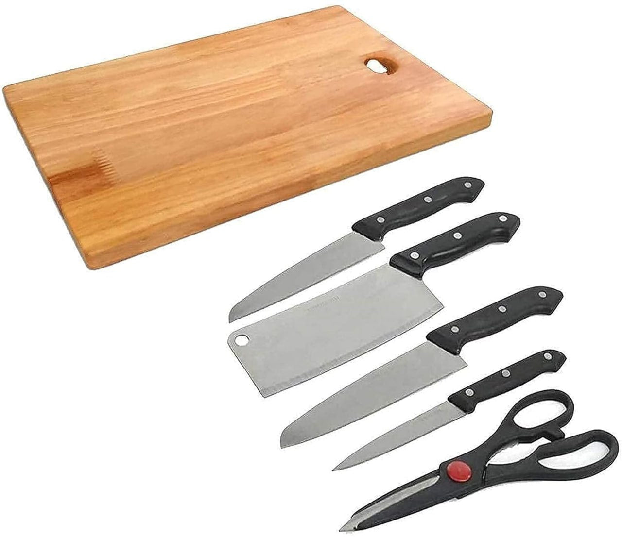 Wooden Chopping Board with Knife Set and Scissor, 6 Piece.